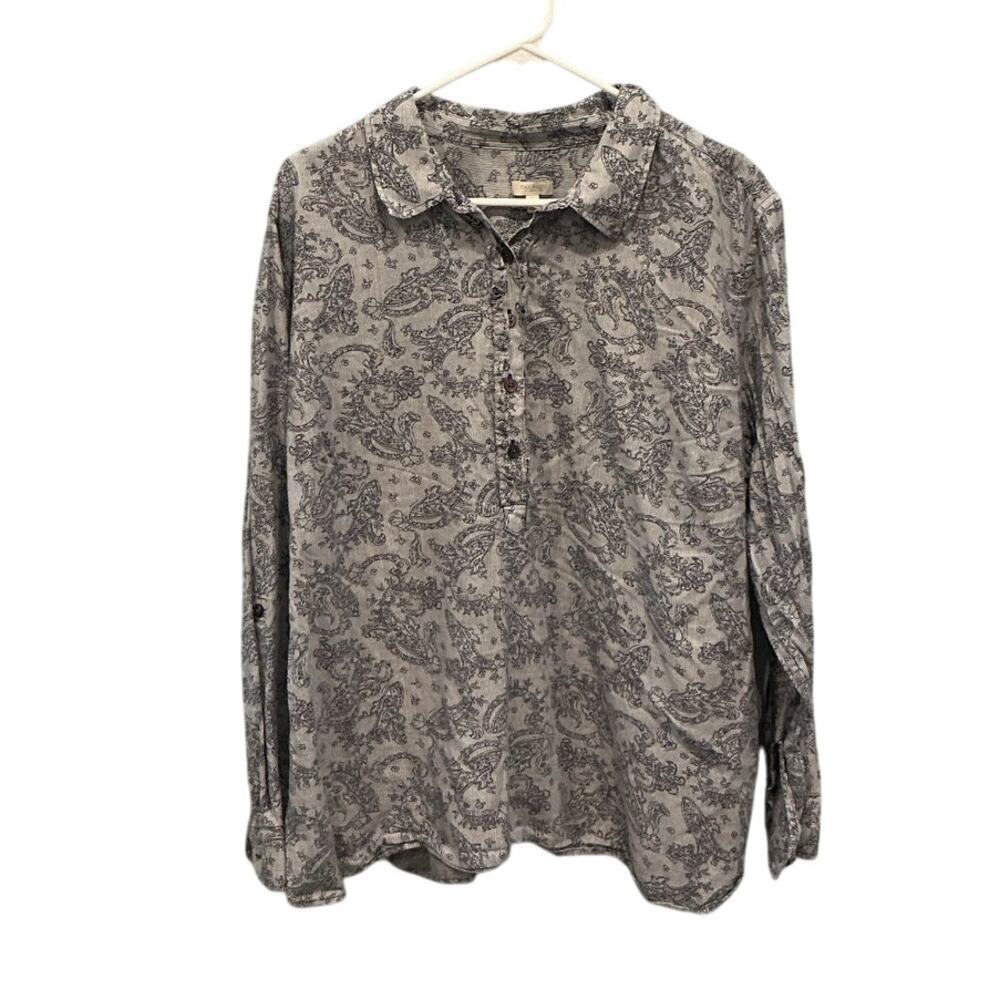 Talbots Womens Plus Size Top 3X Blue Paisley Popover‎ Shirt Work Office Business
